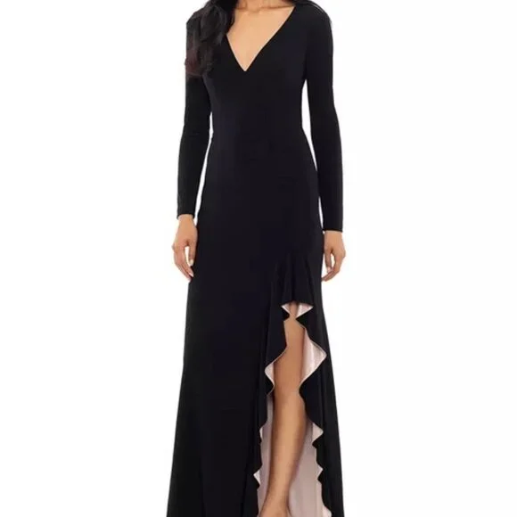 Xscape Black Nude V-Neck Long Sleeve Gown